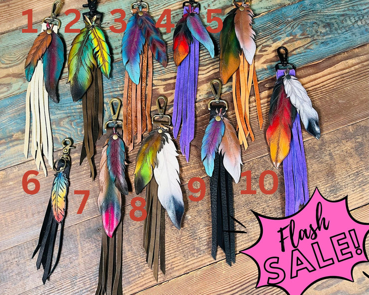 CLOSEOUT SALE! Feathers and Leather Fringe - Bag Charms - Lotus Leather