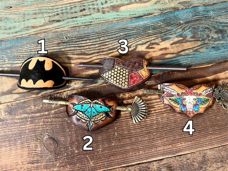CLOSEOUT SALE! Hand Carved Leather Hair Slide Barrettes in Various Styles - Lotus Leather