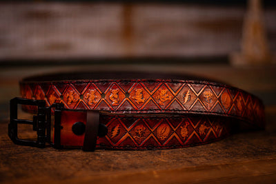 Handcrafted Leather Belt with Stealie, Terrapins, Dancing Bears & Bertha - Faded Brown - Lotus Leather