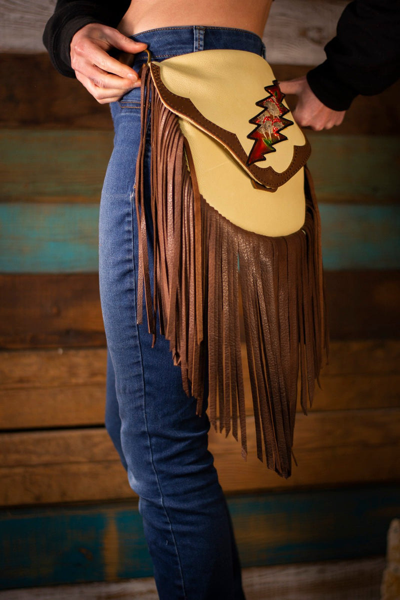 13-Point Bolt and Honeycomb Tooled Leather Fringe Bag