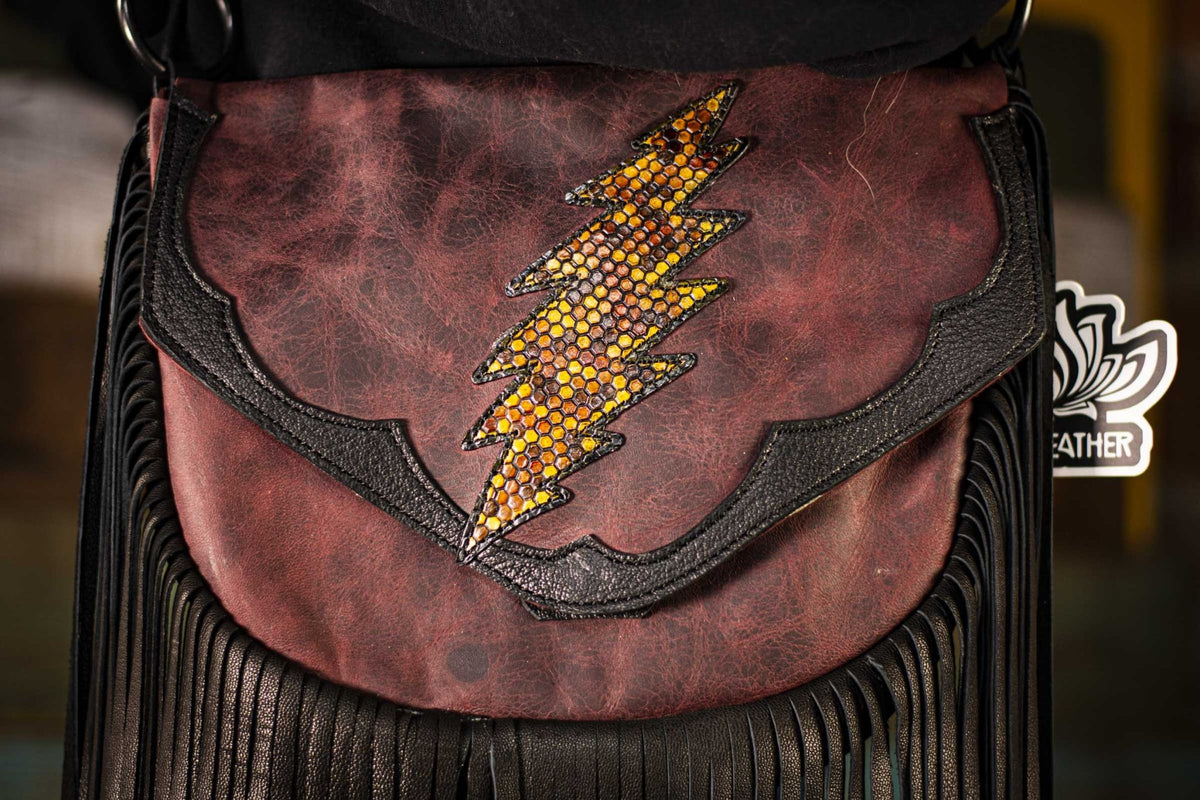 13-Point Bolt and Honeycomb Tooled Leather Fringe Bag