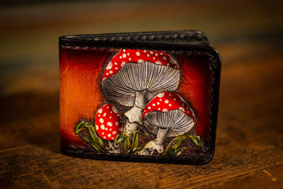 Amanita Muscaria Mushroom - Vegetable Tanned Leather - Leather Bifold Wallet - Lotus Leather