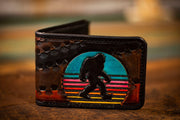 Bigfoot at Sunset - Retro Pattern - Tooled Leather Wallet - Lotus Leather