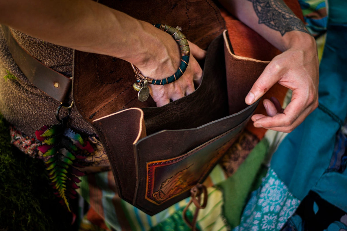 Tree of Life - Elven Tooled Leather Expandable Belt Bag - Lotus