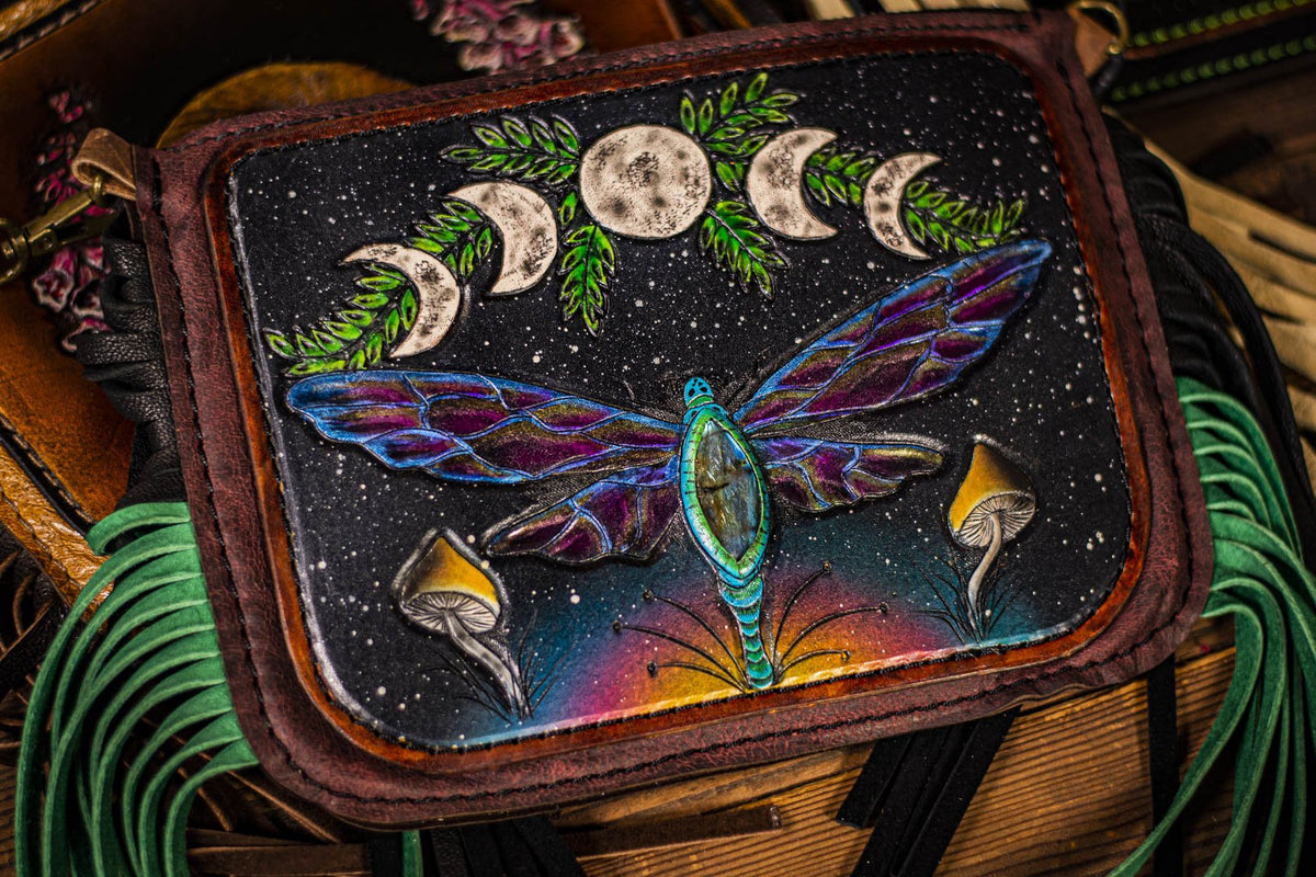 Fringy Dragonfly - Built-in Wallet and Coin Pouch - Leather Clutch Bag - Lotus Leather Paisley Strap