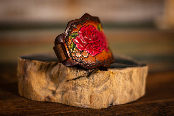 Hand Carved Leather Stash Cuff- Roses - Lotus Leather