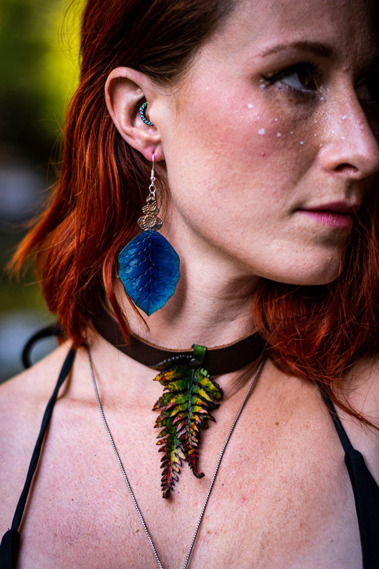 Hand Tooled Blue Leather Leaf Earrings - Unique and Lightweight - Lotus Leather