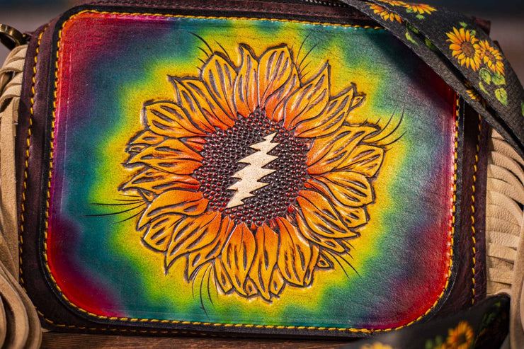 Hand-Tooled Leather Grateful Sunflower Fringe Clutch Bag - Rainbow Festival Boho Style - Lotus Leather