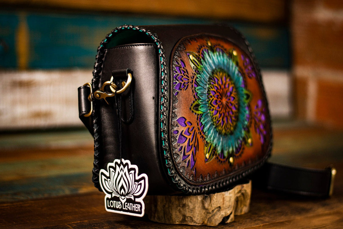 Mandala Sunflower - Choice of Fern or Feather Bag Charm - Tooled Leather Handag - Lotus Leather