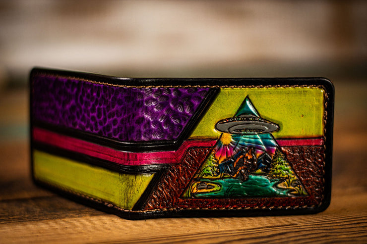 UFO and Bigfoot - Retro Pattern - Tooled Leather Wallet - Lotus Leather