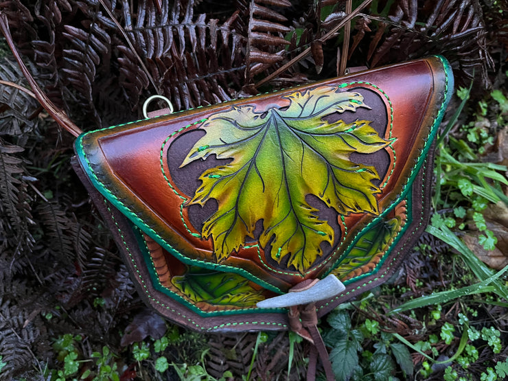 Green Maple Leaf - Enchanted Tooled Leather Belt Bag Purse