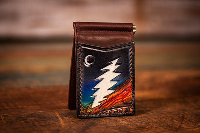 andcrafted Leather Money Clip Wallet - Deadhead Lightning Bolt with Red Rocks Amphitheater and Moonlit Sky - Minimalist Wallet with Card Slots - Lotus Leather