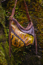 Asymmetrical Leather Hobo Bag Featuring 3D Organic Leaves and Long Fringe - Lotus Leather