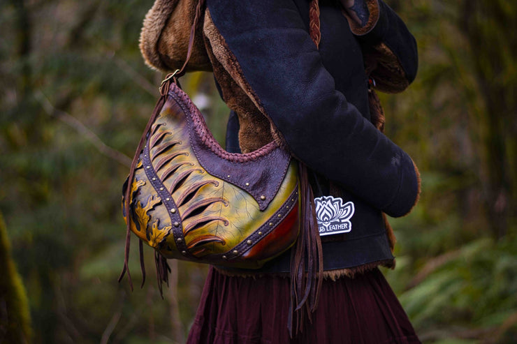 Asymmetrical Leather Hobo Bag Featuring 3D Organic Leaves and Long Fringe - Lotus Leather