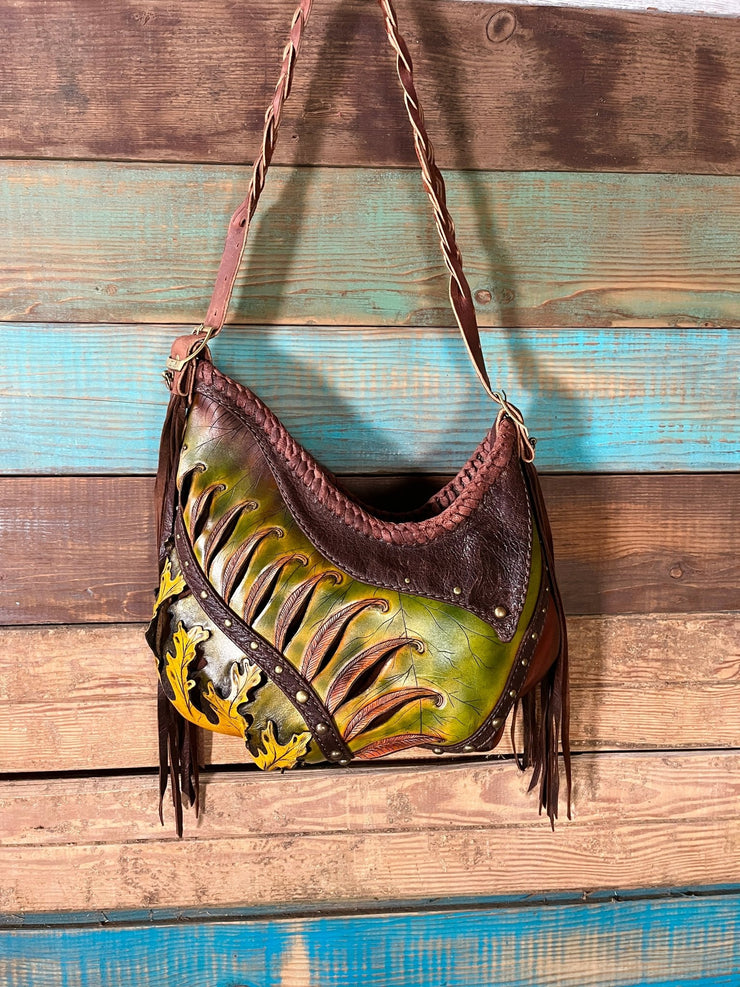 Asymmetrical Leather Hobo Bag Featuring 3D Organic Leaves and Long Fringe - Lotus Leather