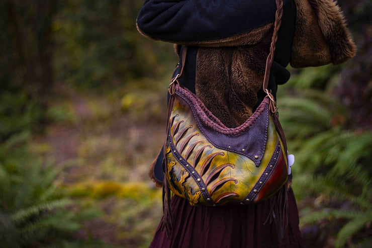 Asymmetrical Leather Hobo Bag Featuring 3D Organic Leaves and Long Fringe - Lotus Leather