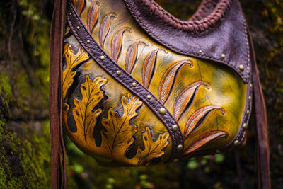 Asymmetrical Leather Hobo Bag Featuring 3D Organic Leaves and Long Fringe - Lotus Leather