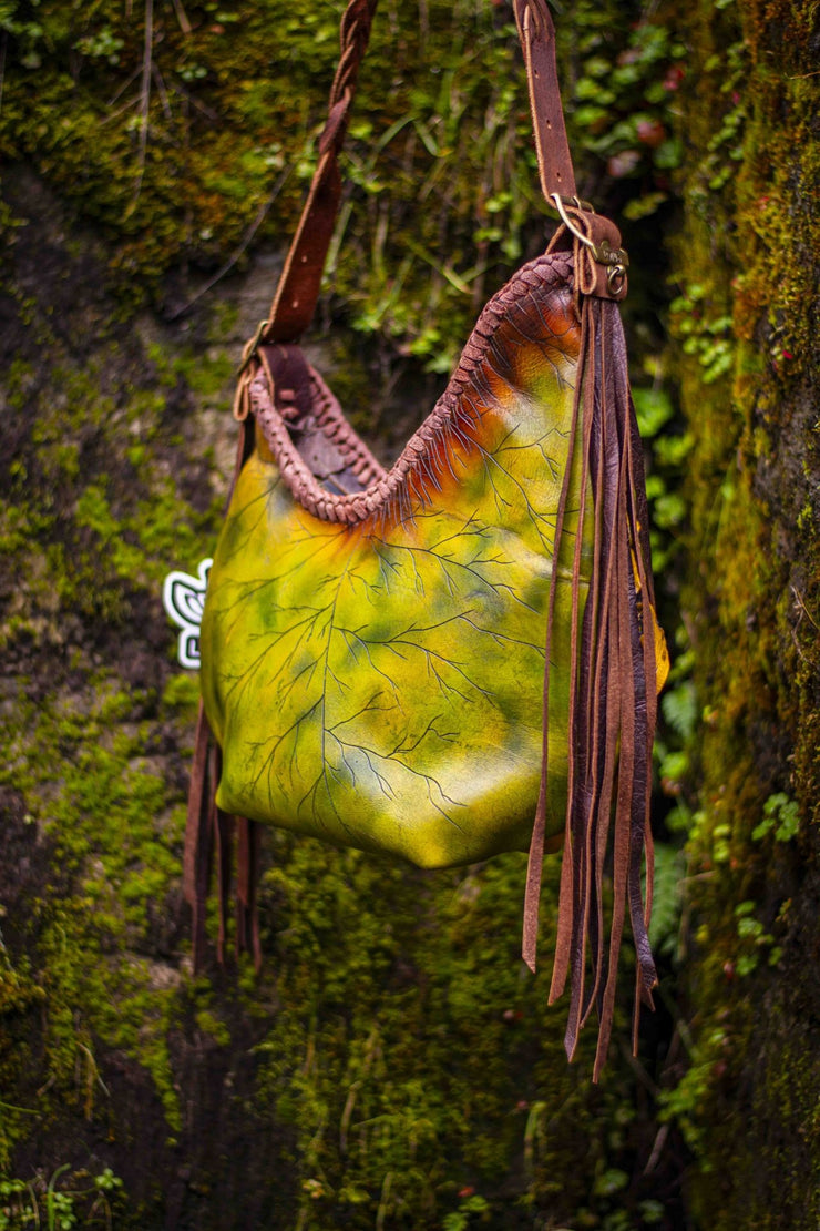 Asymmetrical Leather Hobo Bag Featuring 3D Organic Leaves and Long Fringe - Lotus Leather