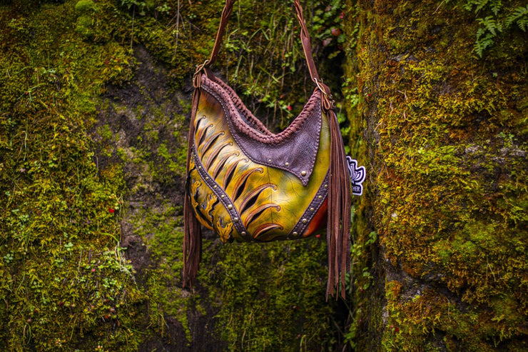 Asymmetrical Leather Hobo Bag Featuring 3D Organic Leaves and Long Fringe - Lotus Leather