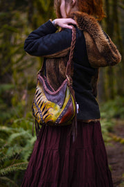 Asymmetrical Leather Hobo Bag Featuring 3D Organic Leaves and Long Fringe - Lotus Leather