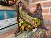 Asymmetrical Leather Hobo Bag Featuring 3D Organic Leaves and Long Fringe - Lotus Leather