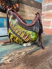 Asymmetrical Leather Hobo Bag Featuring 3D Organic Leaves and Long Fringe - Lotus Leather