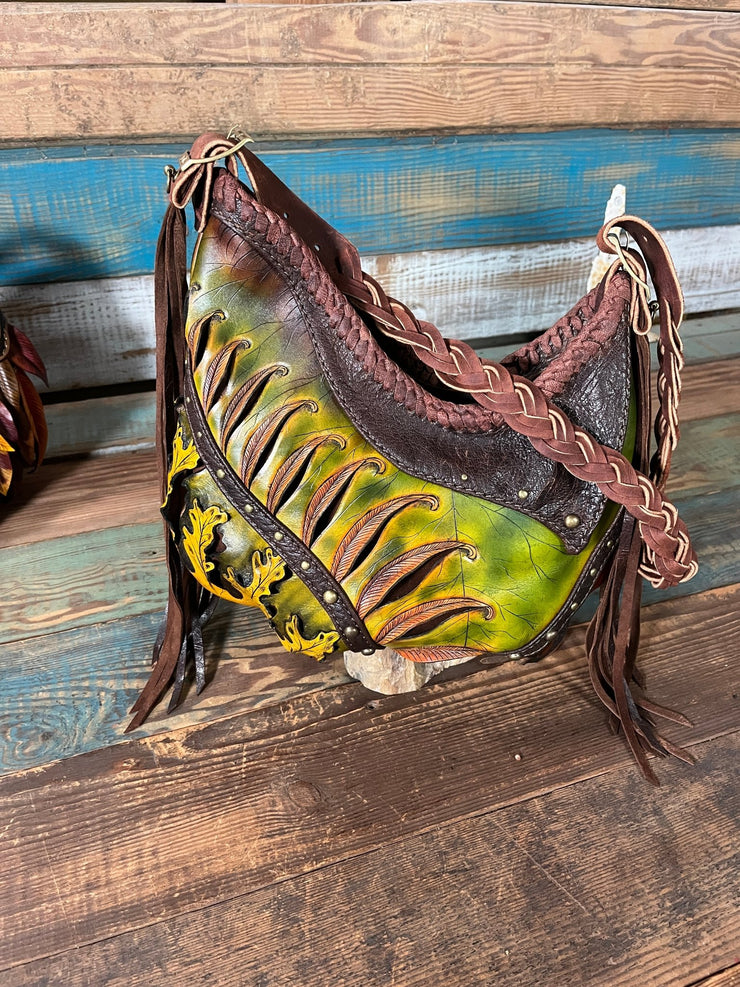 Asymmetrical Leather Hobo Bag Featuring 3D Organic Leaves and Long Fringe - Lotus Leather