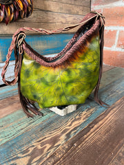 Asymmetrical Leather Hobo Bag Featuring 3D Organic Leaves and Long Fringe - Lotus Leather