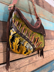 Asymmetrical Leather Hobo Bag Featuring 3D Organic Leaves and Long Fringe - Lotus Leather