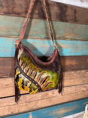 Asymmetrical Leather Hobo Bag Featuring 3D Organic Leaves and Long Fringe - Lotus Leather