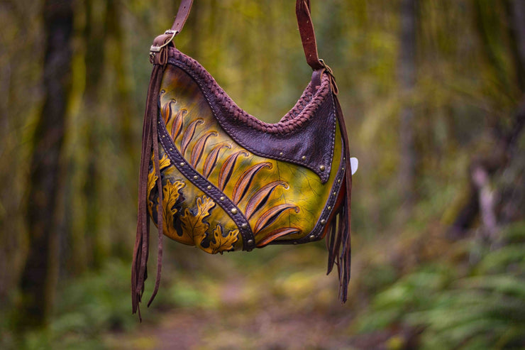 Asymmetrical Leather Hobo Bag Featuring 3D Organic Leaves and Long Fringe - Lotus Leather