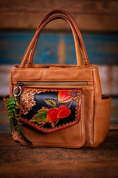Charming Fossil Upcycled Tan Leather Shoulder Bag: Chinese Lantern & Honeycomb Design - Lotus Leather