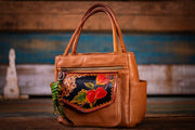 Charming Fossil Upcycled Tan Leather Shoulder Bag: Chinese Lantern & Honeycomb Design - Lotus Leather