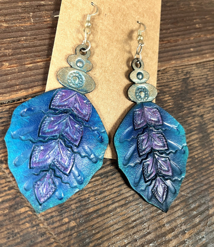 CLOSEOUT SALE! Handmade Blue Leather Leaf Earrings - Nature-Inspired Lightweight Accessory - Lotus Leather