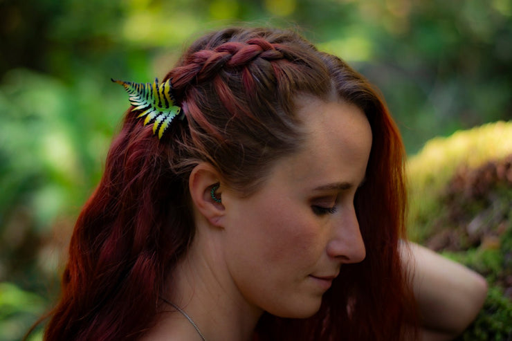 Fern Leaf - Leather Hat or Hair Clip Green With Yellow Accents - Lotus Leather