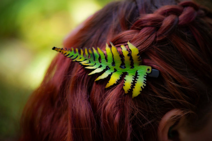 Fern Leaf - Leather Hat or Hair Clip Green With Yellow Accents - Lotus Leather