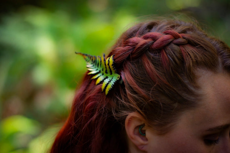 Fern Leaf - Leather Hat or Hair Clip Green With Yellow Accents - Lotus Leather