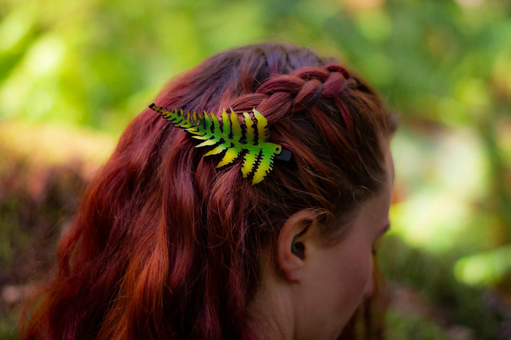 Fern Leaf - Leather Hat or Hair Clip Green With Yellow Accents - Lotus Leather