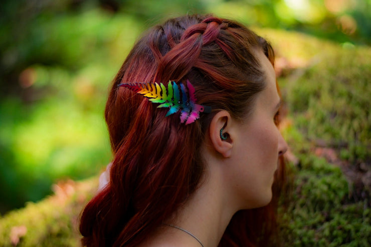 Fern Leaf - Leather Hat or Hair Clip Rainbow - Lotus Leather