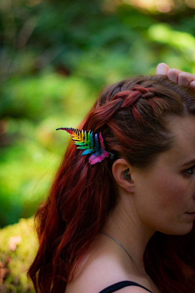 Fern Leaf - Leather Hat or Hair Clip Rainbow - Lotus Leather