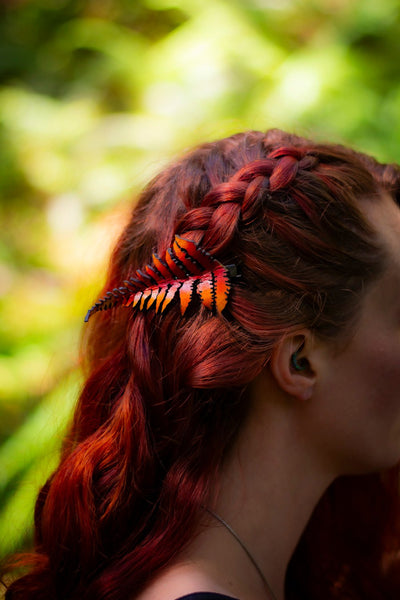 Fern Leaf - Leather Hat or Hair Clip Red/ Orange - Lotus Leather