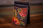 Floral Elegance - Hand-Tooled Rose and Sunflower Leather Money Clip Wallet - Chic Black Interior - Lotus Leather