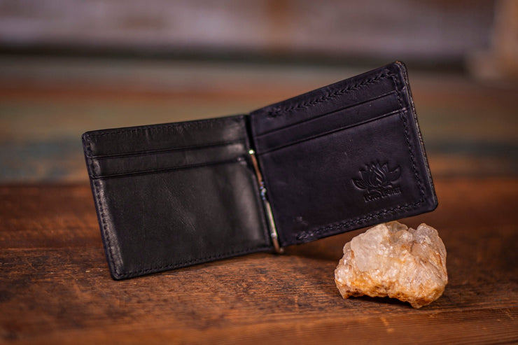 Floral Elegance - Hand-Tooled Rose and Sunflower Leather Money Clip Wallet - Chic Black Interior - Lotus Leather