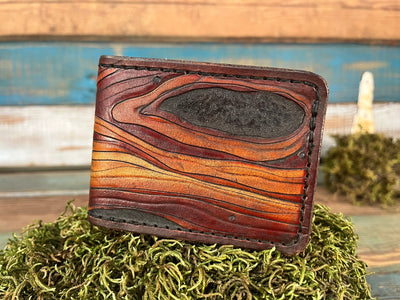Hand - Carved Leather Bifold Wallet with Woodgrain Design – Natural Tones - Lotus Leather