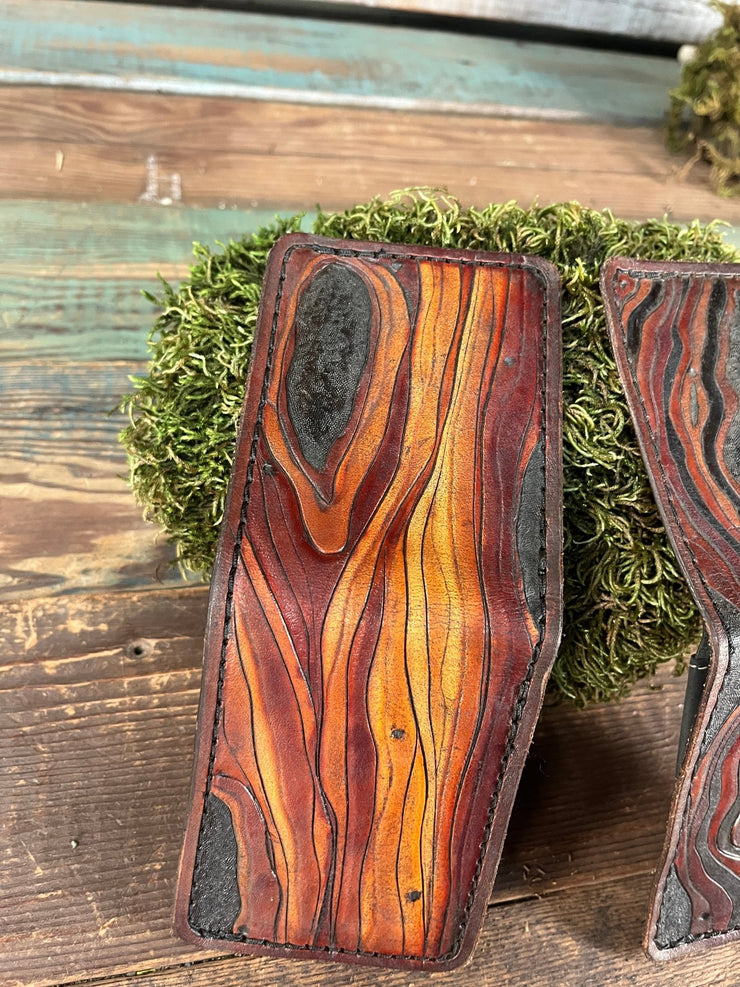 Hand - Carved Leather Bifold Wallet with Woodgrain Design – Natural Tones - Lotus Leather