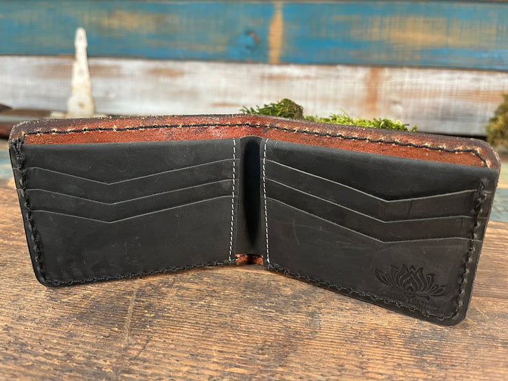 Hand - Carved Leather Bifold Wallet with Woodgrain Design – Natural Tones - Lotus Leather