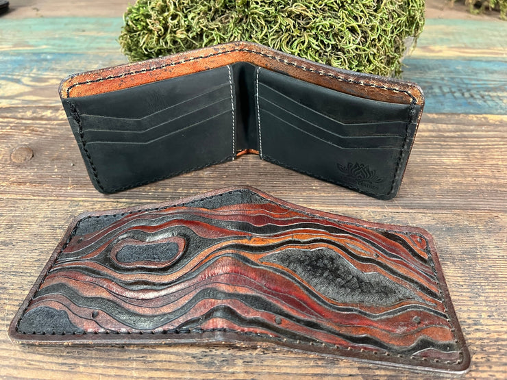 Hand - Carved Leather Bifold Wallet with Woodgrain Design – Natural Tones - Lotus Leather