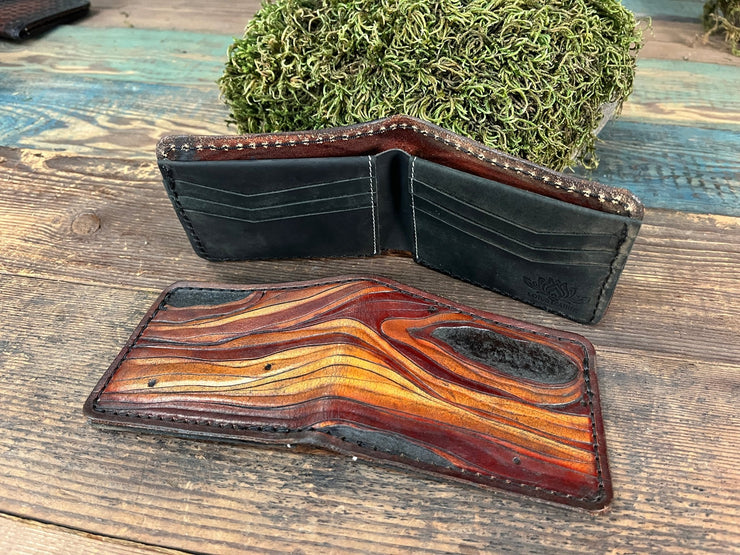 Hand - Carved Leather Bifold Wallet with Woodgrain Design – Natural Tones - Lotus Leather