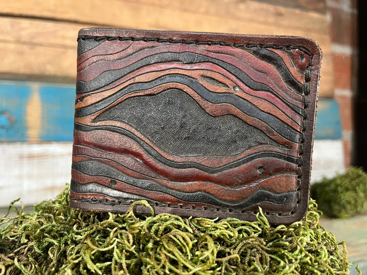 Hand - Carved Leather Bifold Wallet with Woodgrain Design – Natural Tones - Lotus Leather