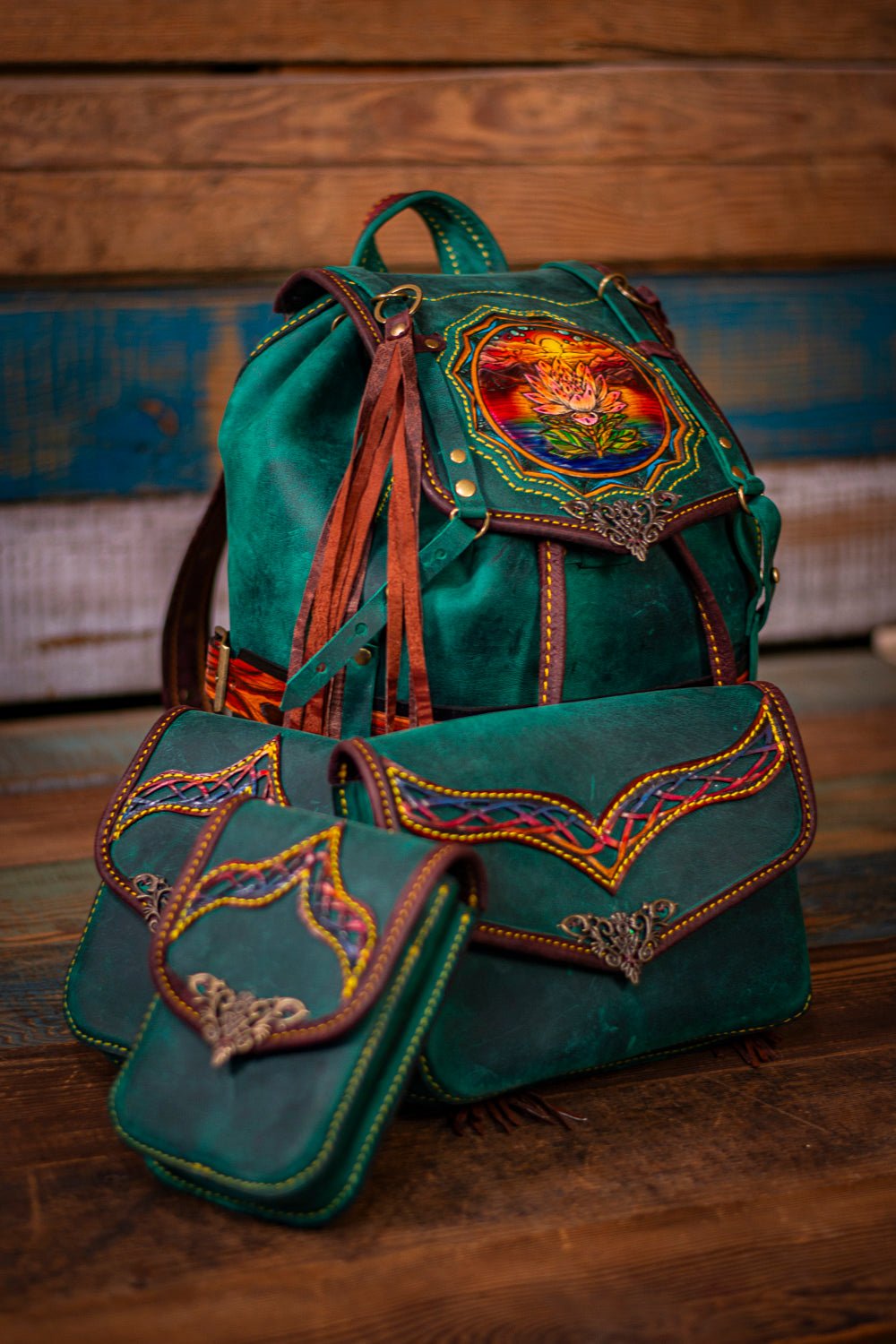 🌿 Handcrafted Emerald Lotus Sunset Leather Backpack - Customizable & Detachable Pockets & Accessories 🌿 - Lotus Leather